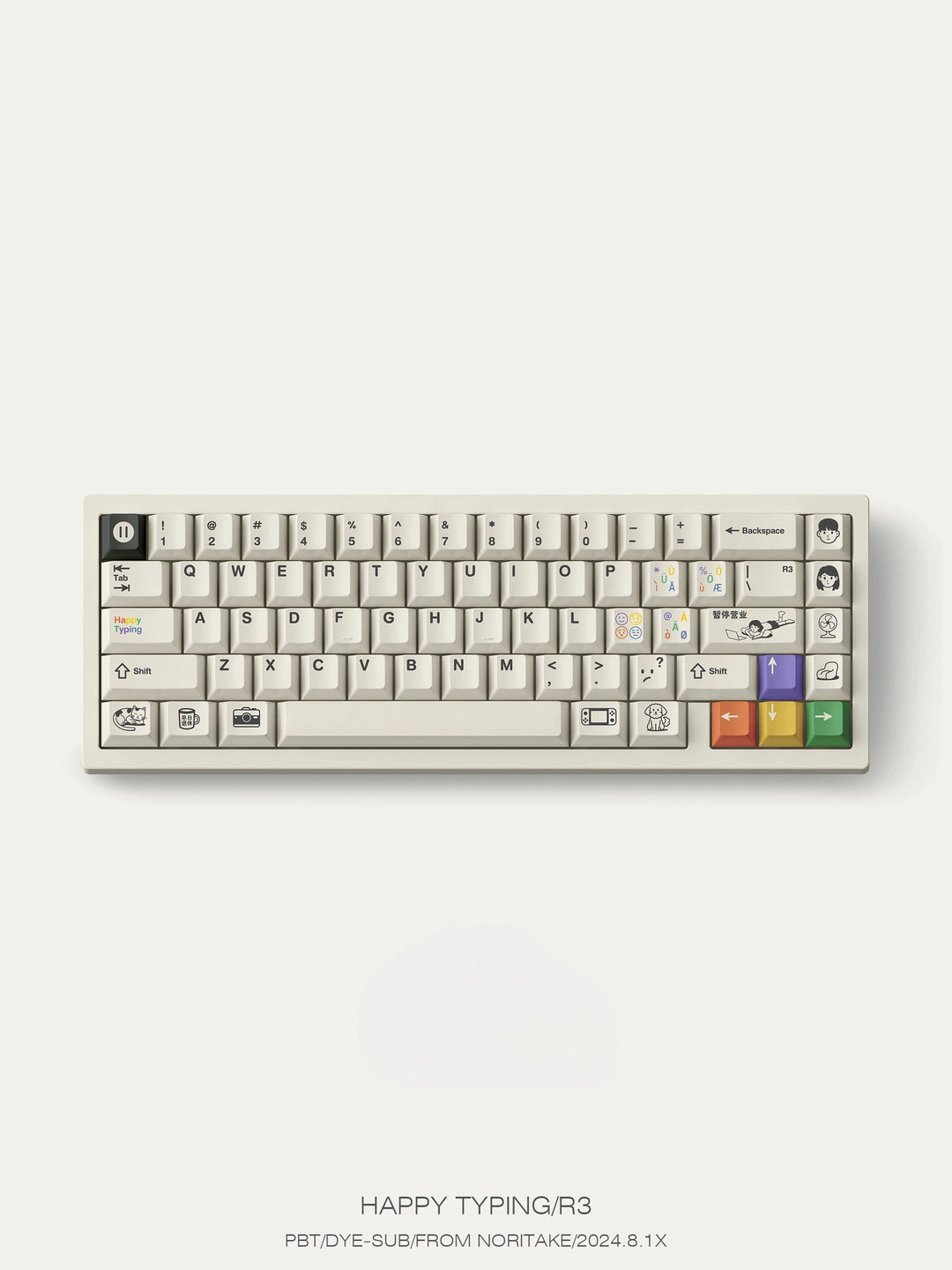 happy-typing-keycaps-showcase-on-white-keyboard-with-colorful-arrow-keys-1