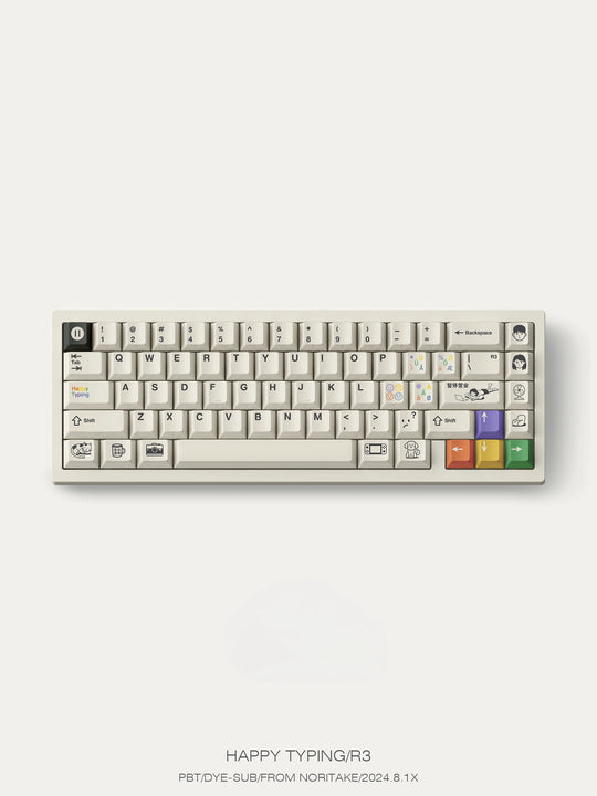 happy-typing-keycaps-showcase-on-white-keyboard-with-colorful-arrow-keys-1