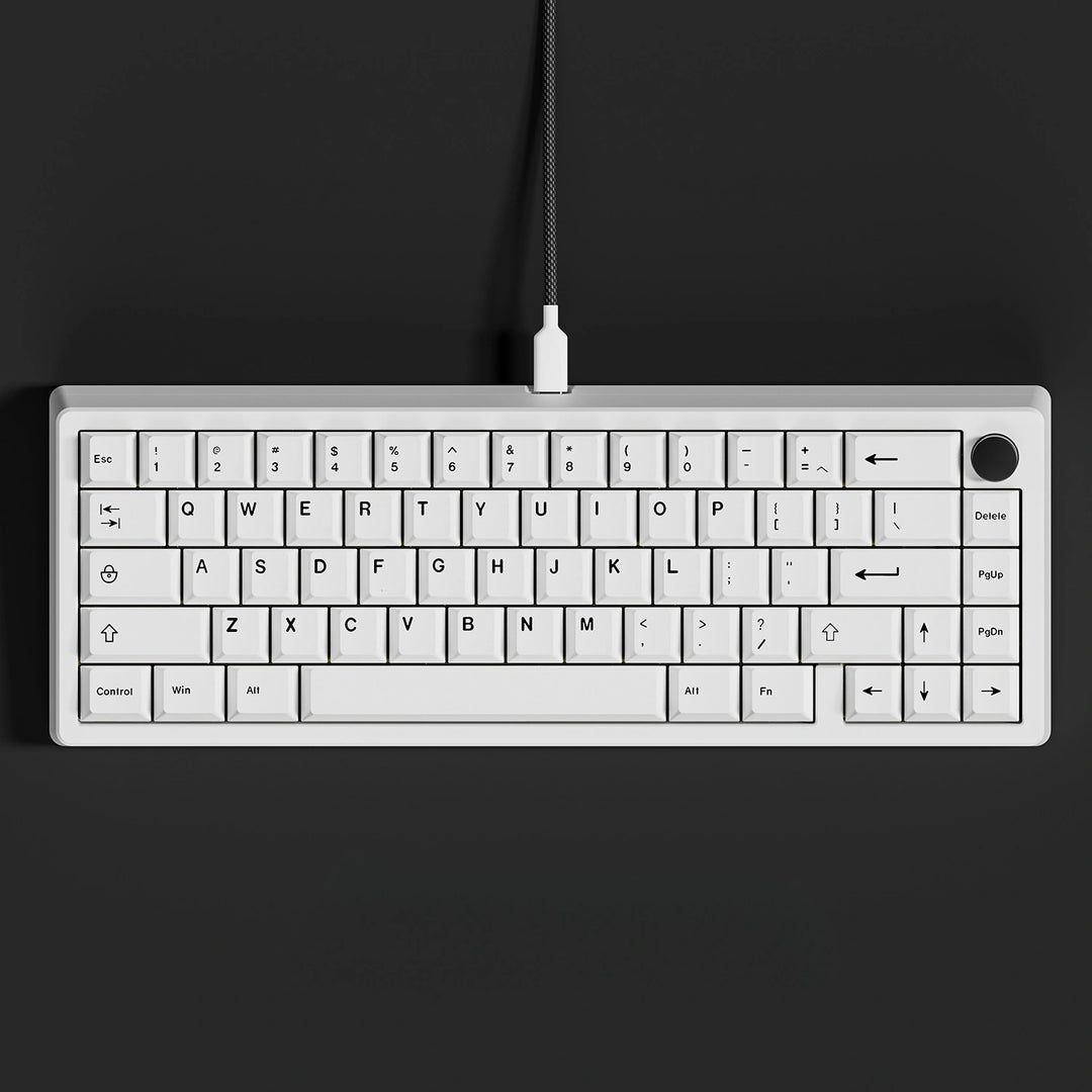 minimal white keycaps Japanese roots on a white 65 keyboard top view