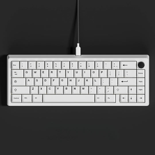 minimal white keycaps Japanese roots on a white 65 keyboard top view