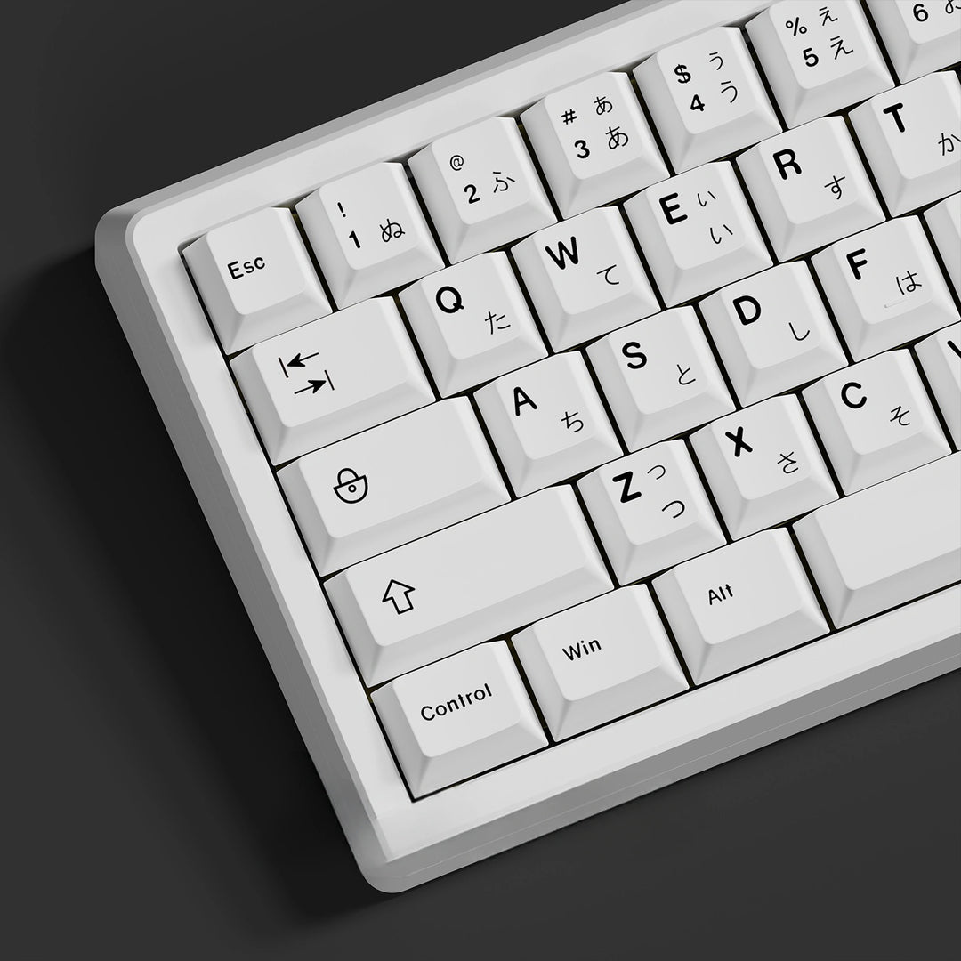 minimal white keycaps on a white 65 keyboard top right view