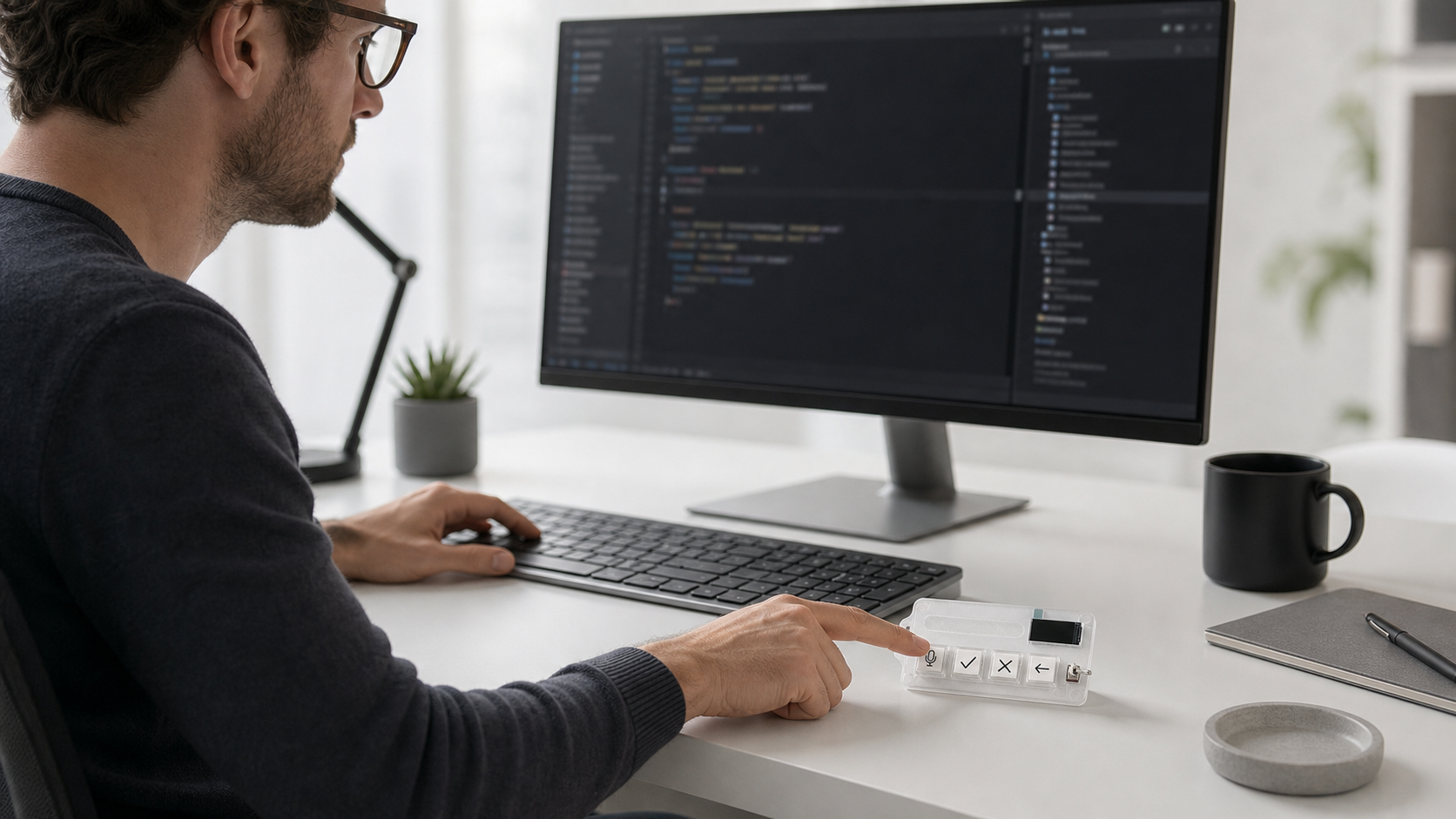 A person pressing the Ahakey X1 microphone key while working at a computer